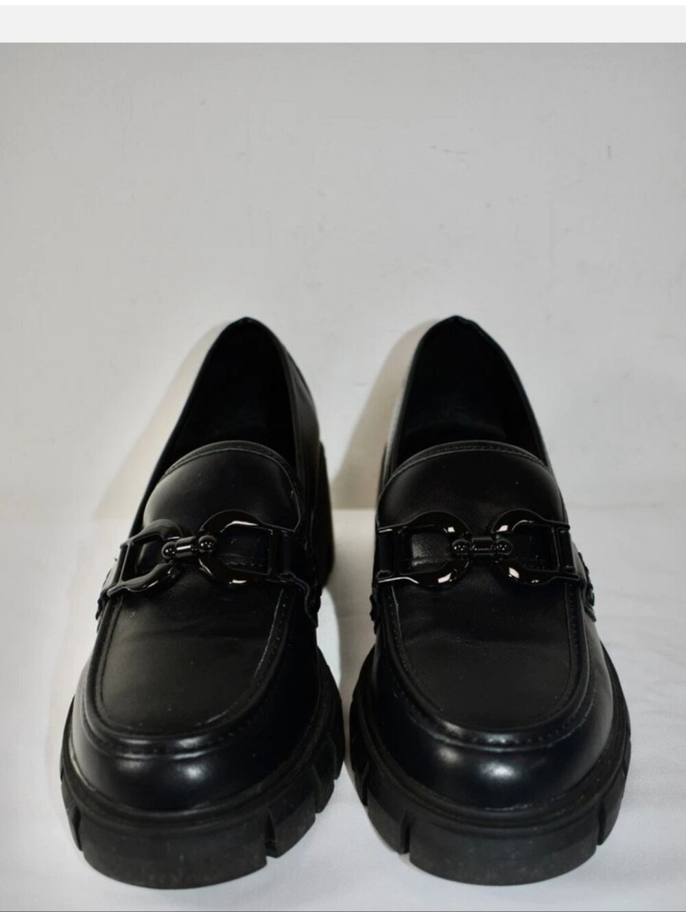 Madden Girl Black Leather Lug Sole Loafers with Horsebit Detail